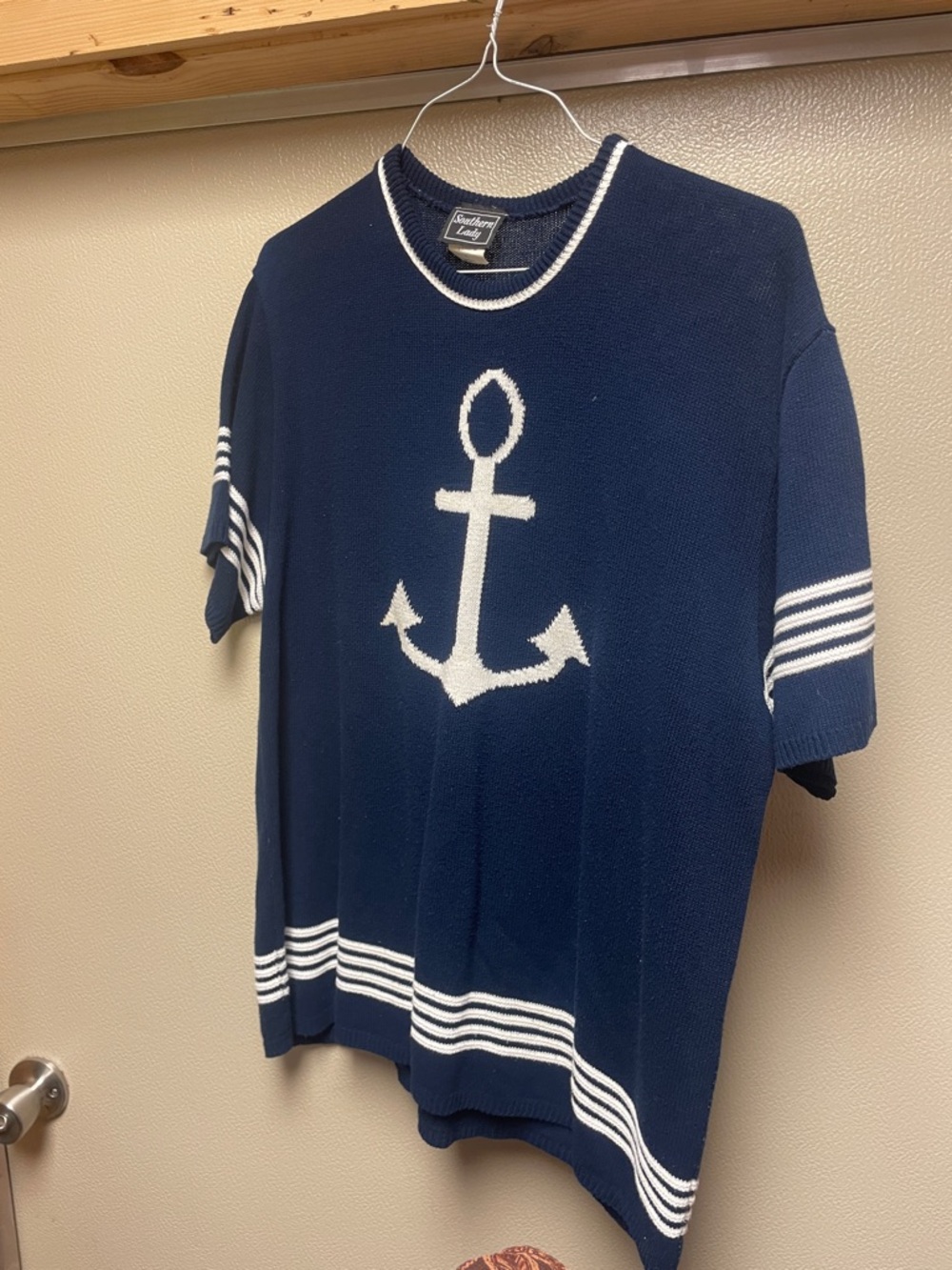 Southern Lady Navy Knit Top with White Stripe Accents